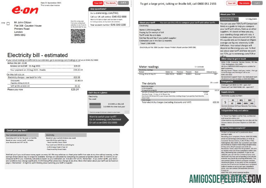 para download Modelo de conta de serviços públicos de eletricidade E.ON do Reino Unido em formato Word e PDF, 2 páginas, versão 1